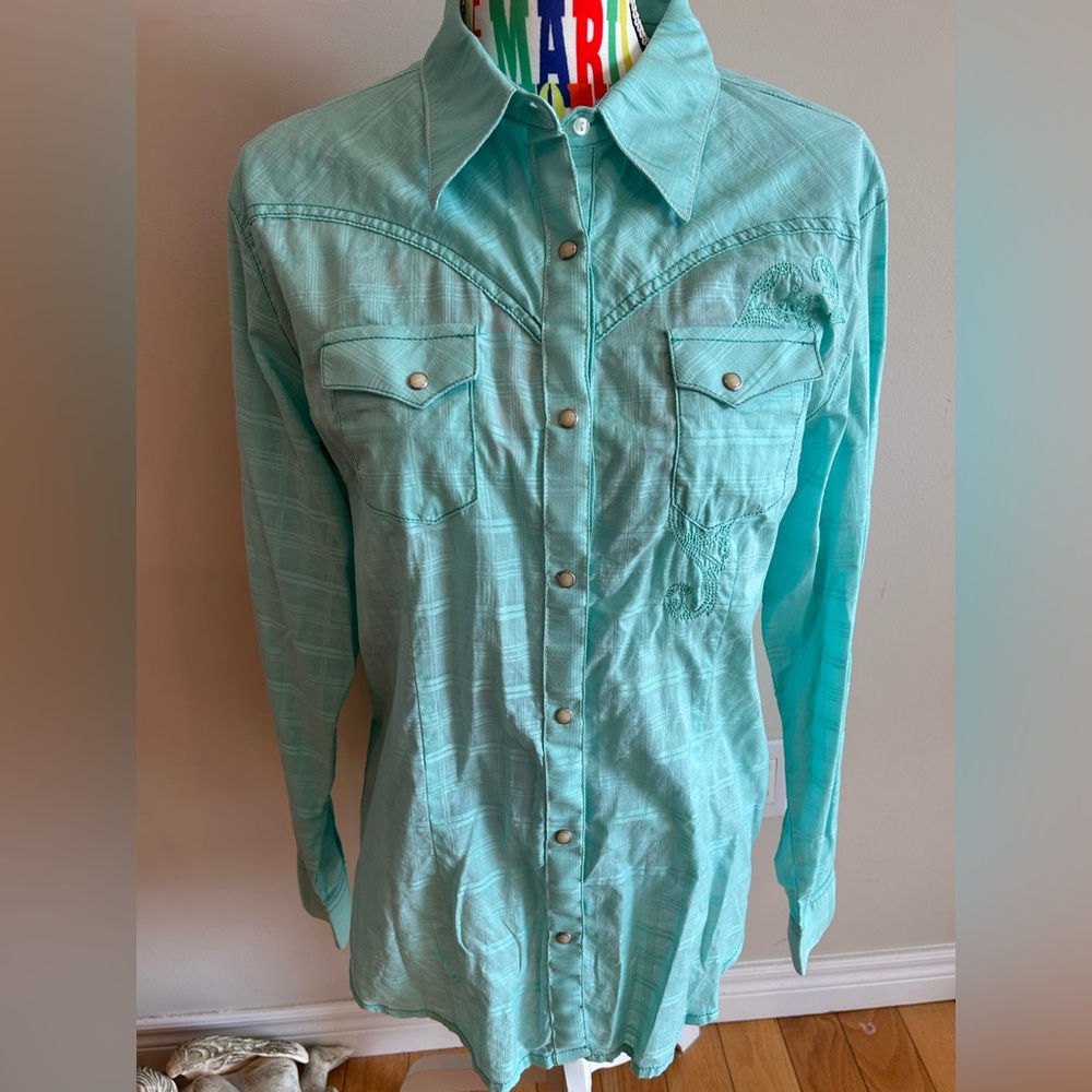 Wrangler 100% Cotton Light Blue Western Style Plaid Shirt - Picture 13 of 13
